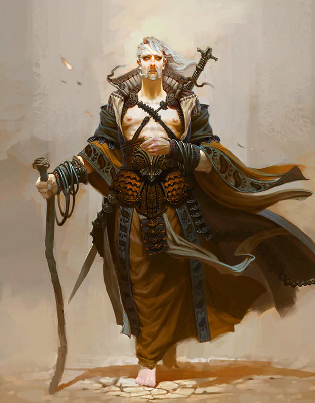A powerful fantasy warrior strides confidently, adorned in ornate armor and flowing robes, wielding a staff, exuding strength and determination in a mystical setting.