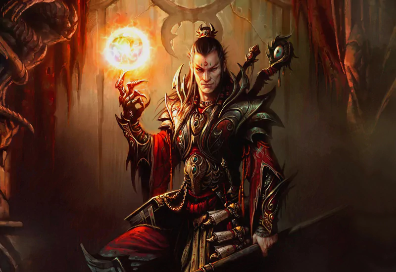 A powerful sorcerer stands in a mystical setting, wielding a glowing orb of magic. His ornate armor and confident pose evoke a captivating sense of fantasy.