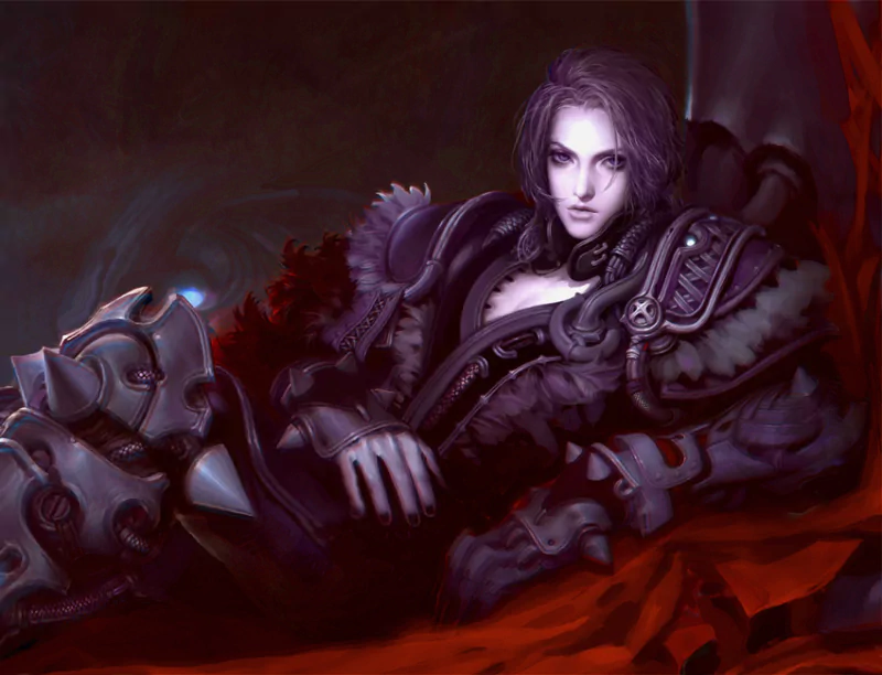 A striking fantasy image of a woman lounging gracefully in elaborate armor, exuding confidence and mystery against a dark, dramatic background.
