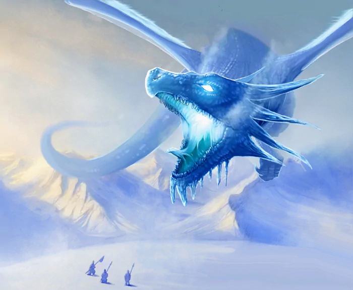 A majestic blue dragon unleashes a ferocious roar against a snowy landscape, with three figures standing below, embodying the essence of fantasy and adventure.