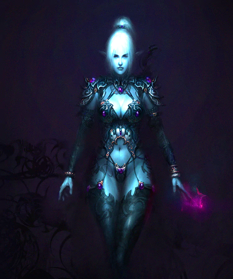 A fantastical woman with luminous white skin and intricate armor adorned with gemstones stands confidently, casting a spell with a glowing orb in her hand against a dark background.