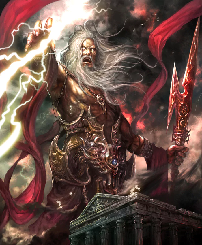 A powerful depiction of Zeus, the Greek god, commanding lightning with a fierce expression, draped in flowing red fabric, overlooking a grand temple. Fantasy elements enhance the dramatic scene.