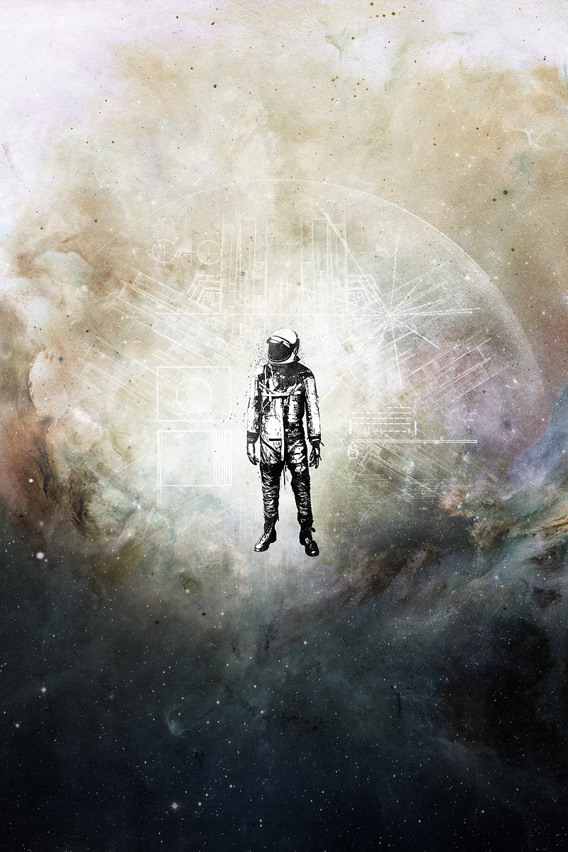 Sci‑fi space scene: lone astronaut in a vintage suit floats before a glowing, schematic planet set against a swirling nebula backdrop.