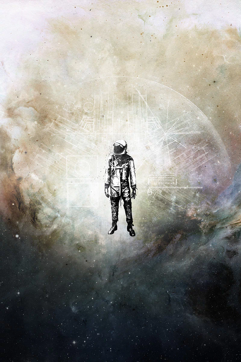 Sci‑fi space scene: lone astronaut in a vintage suit floats before a glowing, schematic planet set against a swirling nebula backdrop.