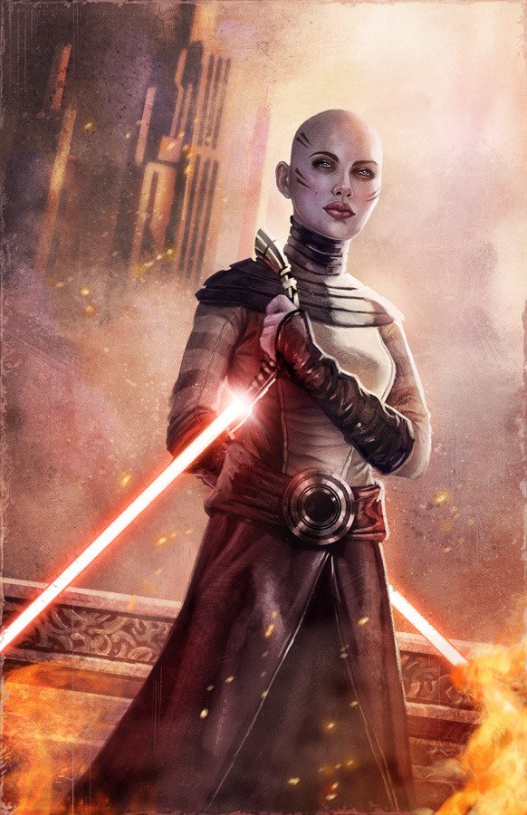 Sci-fi woman warrior—bald, armored combatant holding crossed glowing red energy blades, standing amid burning city ruins with a calm, defiant expression.