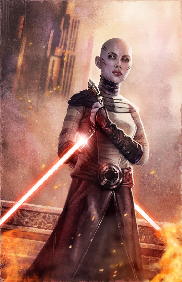Sci-fi woman warrior—bald, armored combatant holding crossed glowing red energy blades, standing amid burning city ruins with a calm, defiant expression.