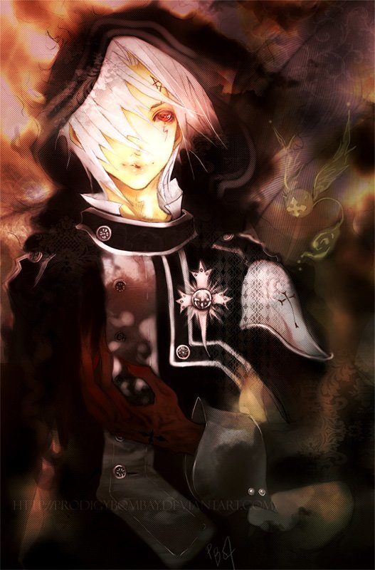 An enigmatic character from the anime D.Gray-man, featuring distinctive white hair, a hooded cloak, and striking red eyes, set against a dark, atmospheric background.