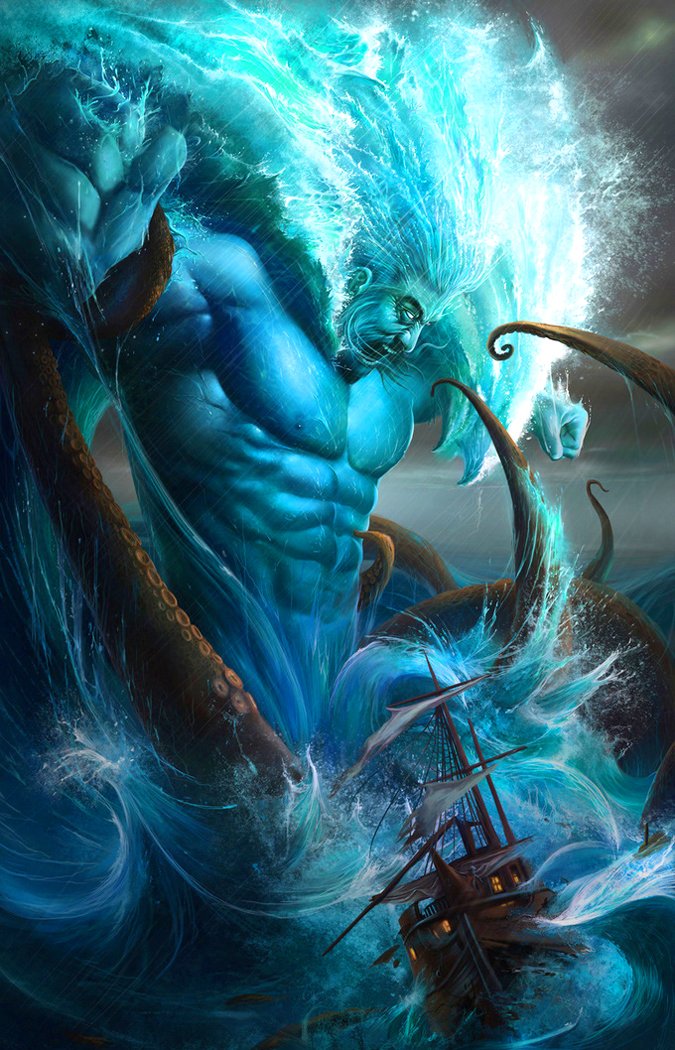 A powerful water god emerges from turbulent waves, surrounded by swirling sea and an attacking octopus, as a ship battles against the fantasy-driven storm.