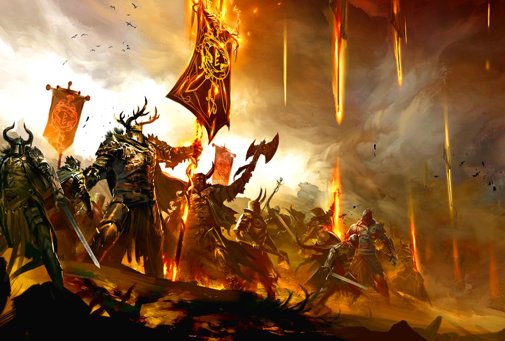 A fierce fantasy warrior stands alongside allies in a dramatic battle scene, wielding weapons and banners against a fiery backdrop of destruction and chaos.