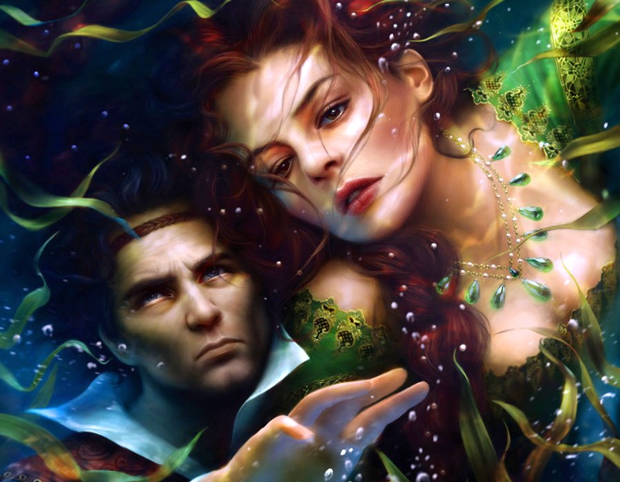 A captivating fantasy scene featuring a woman with flowing hair and a jeweled necklace, intertwined with a brooding figure, amidst swirling underwater plants and vibrant colors.