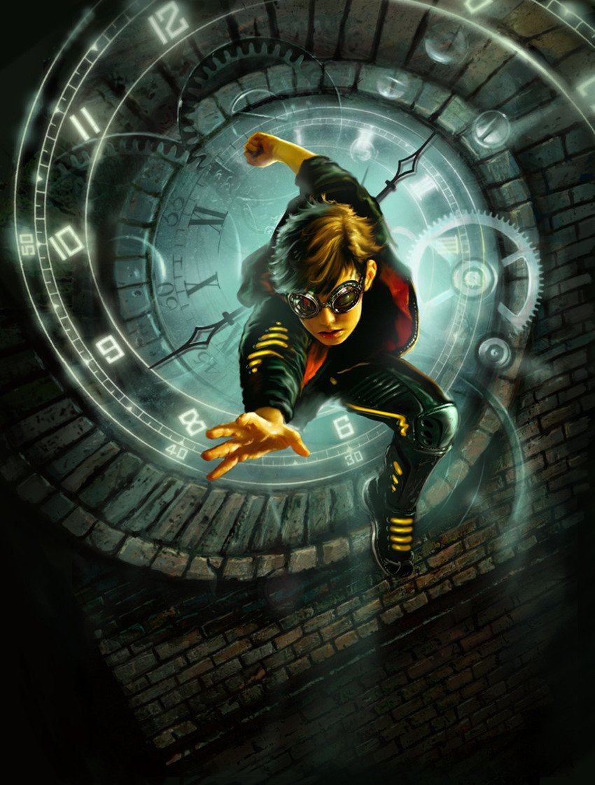 Fantasy book cover: a young, goggle-clad hero lunges through a glowing clockwork time portal down a brick shaft, gears and clock faces spiraling around him.