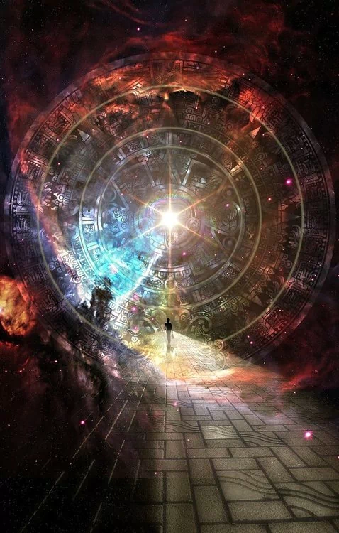 A figure stands before a glowing portal surrounded by cosmic colors and intricate designs, evoking a sense of magic and fantasy in an otherworldly setting.