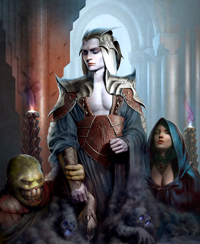 A dark fantasy scene featuring a regal figure in ornate armor, flanked by a sinister creature and a cloaked woman, enveloped in mist and shadowy motifs.