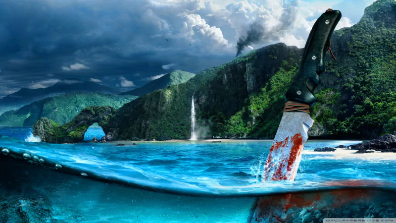 Far Cry 3 video game art: bloodied machete driven into a boat hull in turquoise water, tropical cliffs with a natural arch and waterfall beneath a brooding, stormy sky.