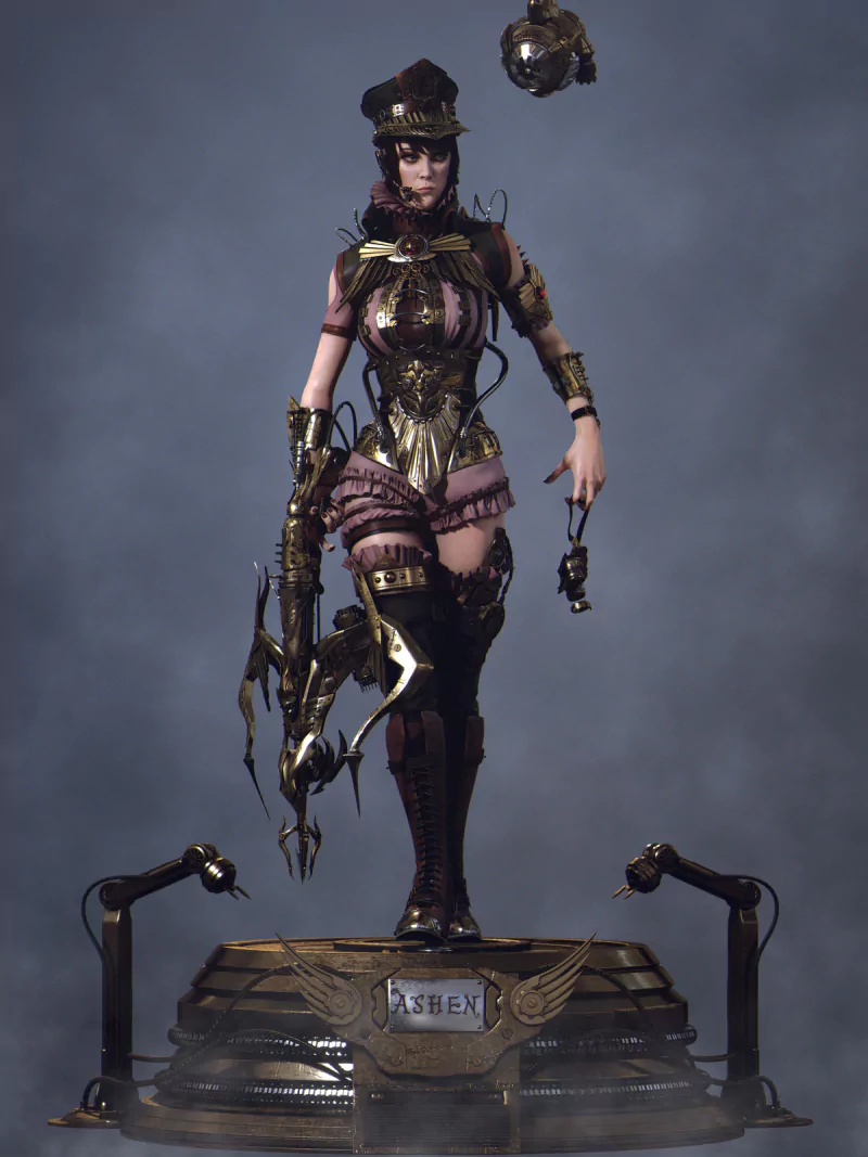 Sci‑fi steampunk warrior: a woman in brass mechanical armor with a clawed prosthetic arm and a hovering orb, posed on a brass platform labeled ASHEN.