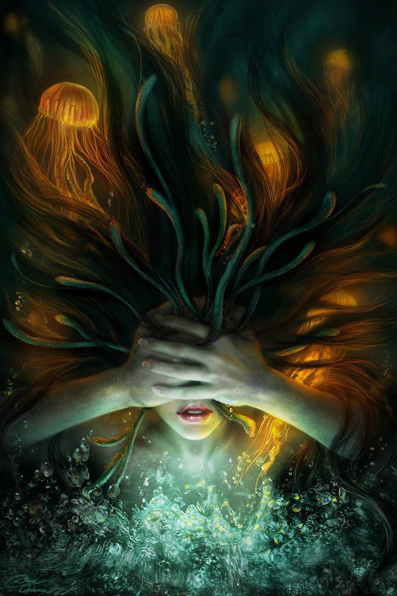A fantasy woman submerged in dark water, covering her eyes as glowing jellyfish and eerie tentacles surround her.
