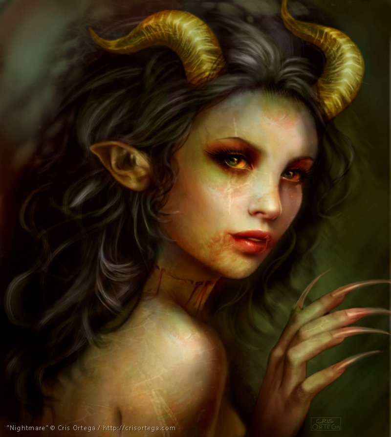 A scary, horned female creature with glowing eyes, long sharp nails, and an eerie expression, blending monstrous and womanly features in a dark, mysterious setting.