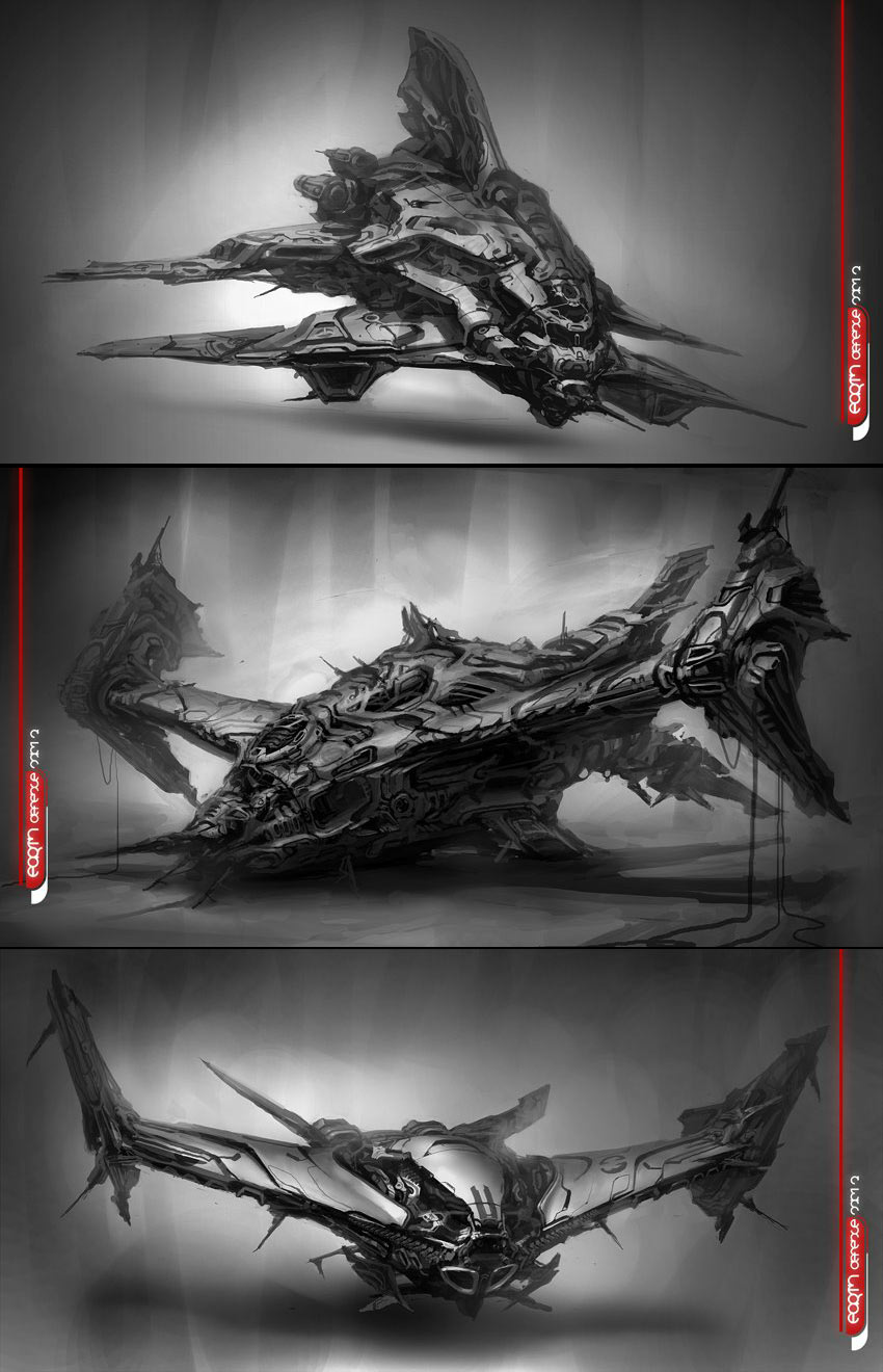 Black and white sci-fi concept art illustration showcasing three detailed, futuristic spaceship designs with intricate mechanical structures and sharp, angular forms.