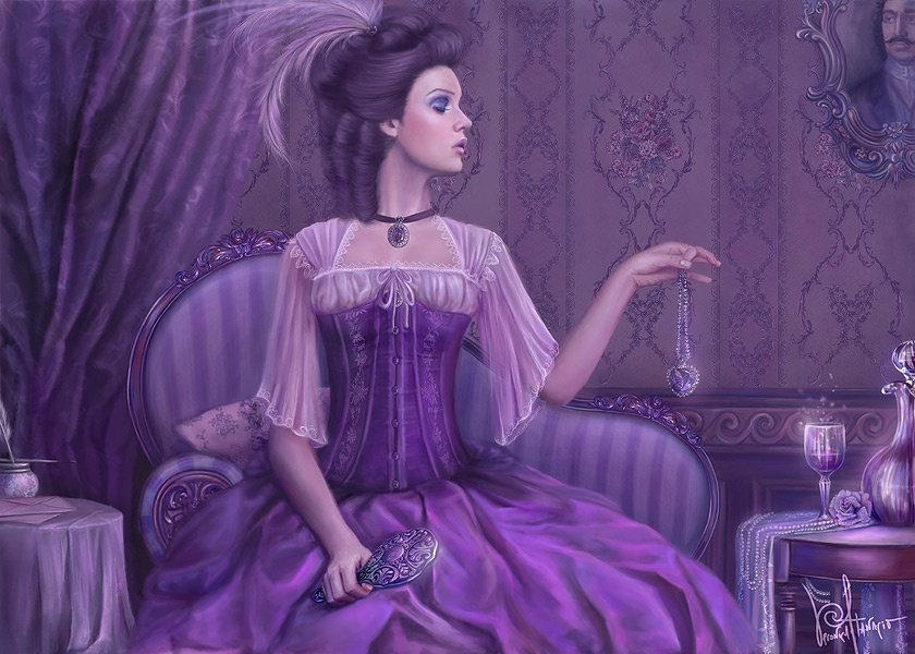 A cute woman dressed in a stunning purple gown sits elegantly in a lavish setting, holding a pendant, with a backdrop of rich fabrics and antique decor.