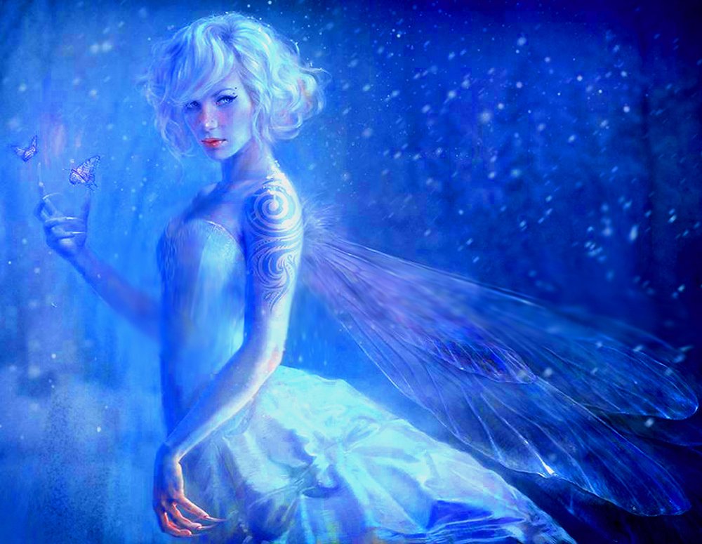 A silvery sylvan fairy stands amidst a blue-tinted forest, her delicate wings shimmering as she holds a butterfly, embodying a magical fantasy realm.