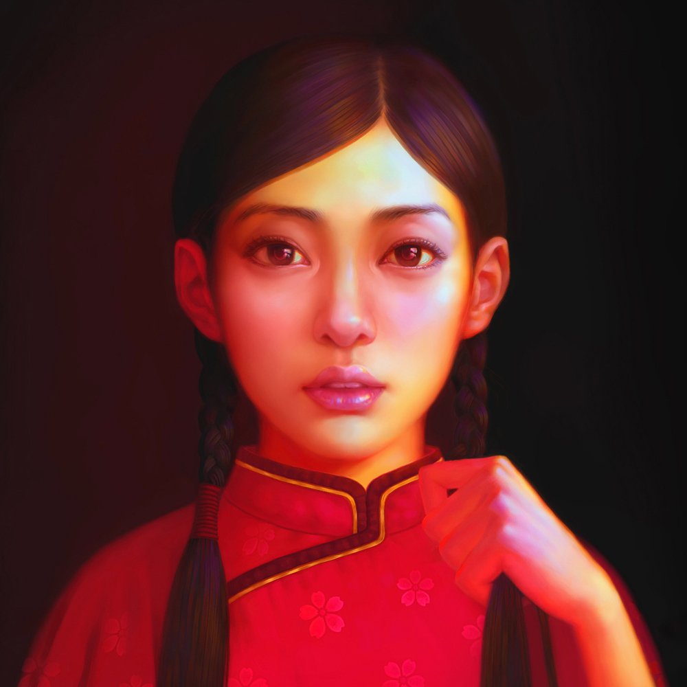 A fantasy-inspired portrait of a woman with long, braided hair, wearing a traditional red outfit, gazing confidently with a serene expression against a dark background.
