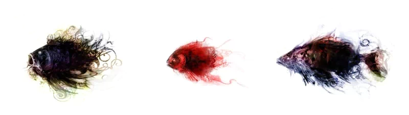 Three stylized fish are depicted in vibrant colors, showcasing various sizes and intricate details, set against a plain white background.