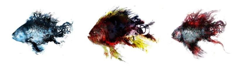 Three artistic fish illustrations display vibrant colors and fluid forms, showcasing unique textures and styles in an imaginative representation of aquatic life.