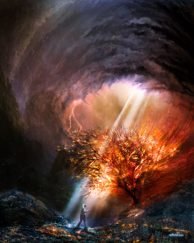 A figure stands amid a fantastical landscape, where fiery trees illuminate the dark, swirling clouds above, creating a vibrant chronoscape of light and shadow.