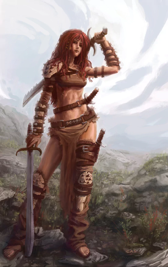A fierce fantasy woman warrior with red hair stands on rocky terrain, gripping a large sword with one hand while resting the other on her shoulder.