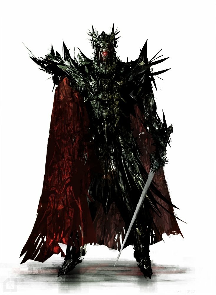 A dark, spiked fantasy warrior clad in sci-fi armor with a tattered red cape, wielding a long sword and exuding a menacing presence.