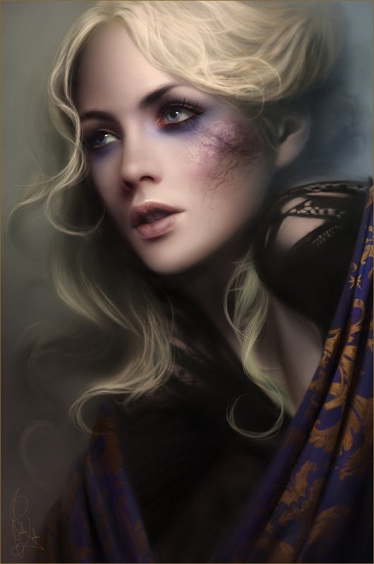 Portrait of a woman with long blonde hair and striking makeup, featuring a dark bruise or texture on her cheek, draped in a patterned fabric against a blurred background.