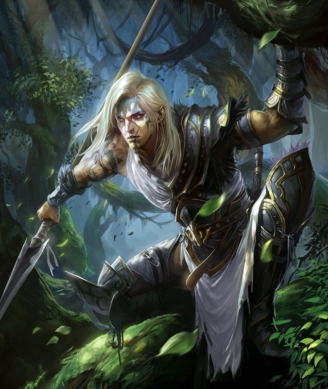 A fierce fantasy warrior, with long blonde hair and intricate armor, emerges from a mystical forest, brandishing a sword amid vibrant greenery and shadows.