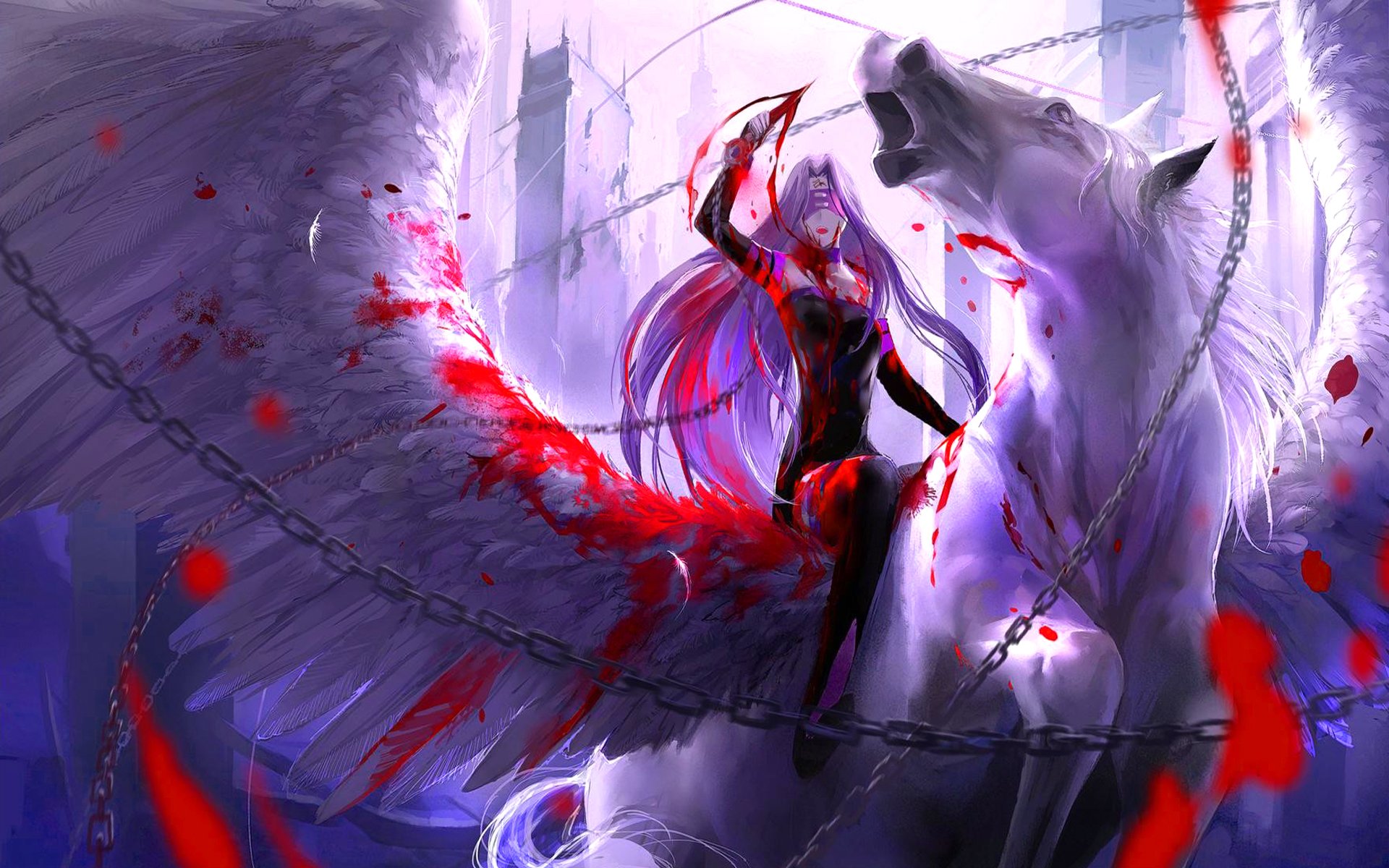 A fierce warrior with flowing purple hair wields a weapon, standing triumphantly on a majestic white horse. Blood splatters around them, set against a shadowy backdrop.