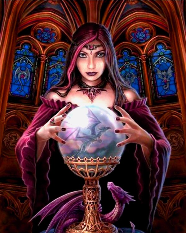 A sorceress in a dark cloak gazes intently into a crystal ball, revealing a mystical dragon inside, set against an enchanted backdrop of stained glass windows.