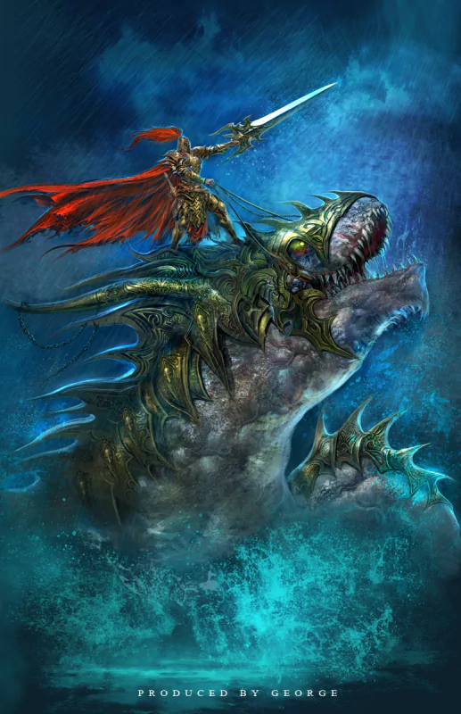 A powerful fantasy warrior in ornate latex armor wields a sword while riding a fierce dragon-like sea creature amidst turbulent waves and stormy skies.