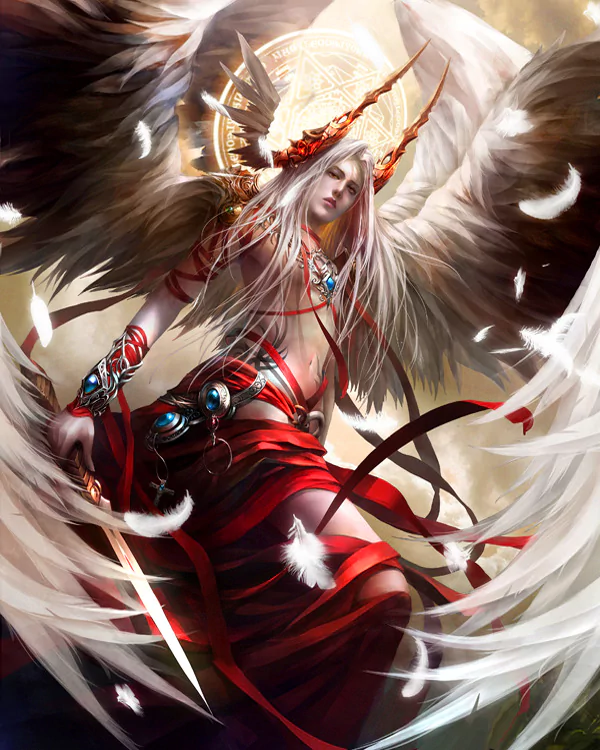 A majestic fantasy angel stands gracefully, adorned in flowing garments and vibrant jewelry, with large, feathered wings and a celestial aura surrounding them.