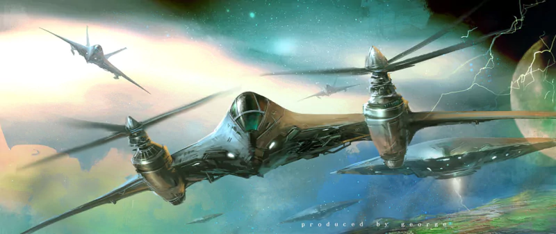 A futuristic sci-fi spaceship with sleek design flies near Earth, accompanied by other advanced aircraft, set against a vibrant cosmic backdrop.