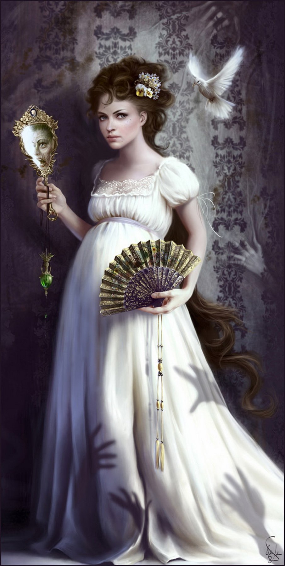 A woman in a flowing white dress holds an ornate mirror and fan, with a white dove nearby and mysterious hands casting shadows on the patterned wall behind her.
