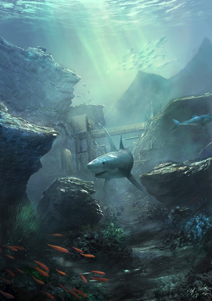 A shark swims through an underwater scene filled with rocks, fish, and rays of sunlight filtering down from the surface.