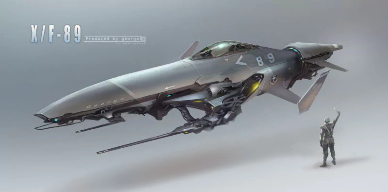 Futuristic sci-fi spaceship concept art showcasing sleek, advanced technology alongside a small human figure for scale.