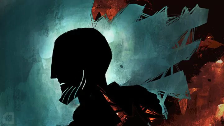 Abstract artistic portrait of an unknown silhouette in profile, a dark figure set against teal and rust-red jagged, textured shapes.