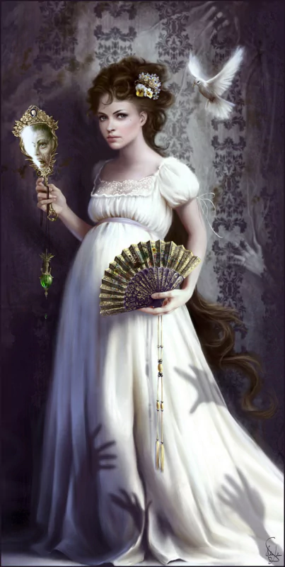 A woman in a flowing white dress holds an ornate mirror and fan, with a white dove nearby and mysterious hands casting shadows on the patterned wall behind her.