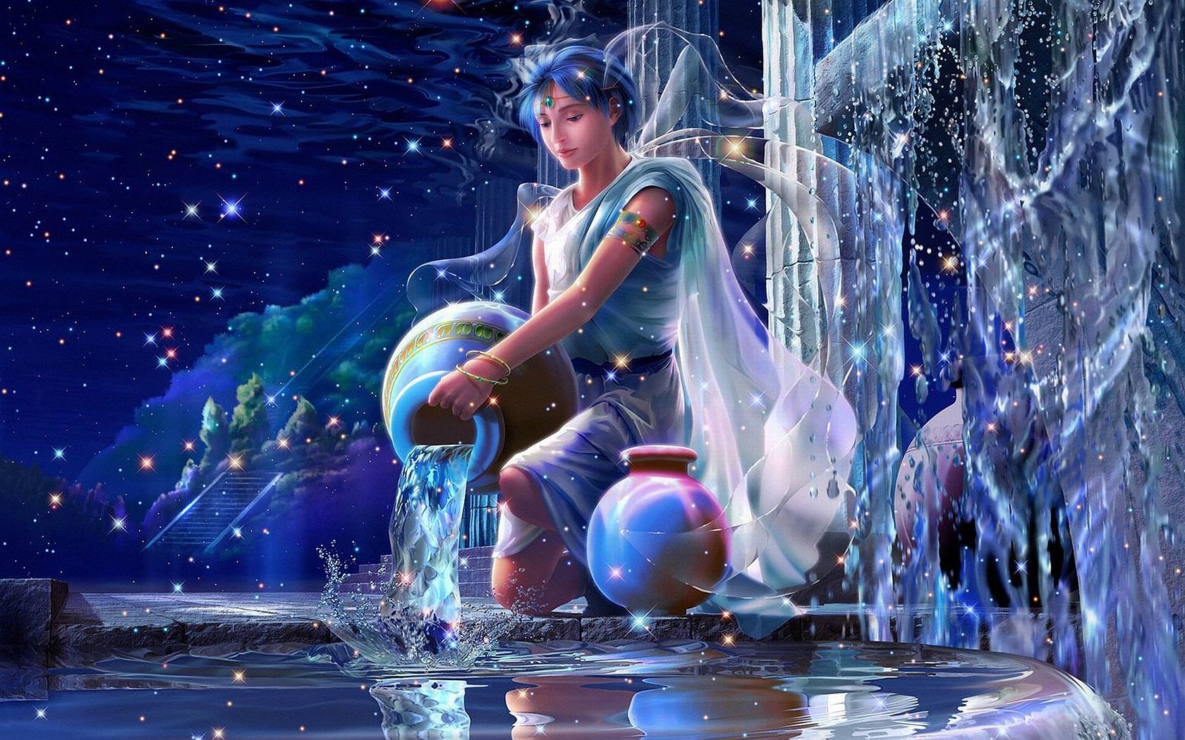 A fantasy depiction of a woman representing Aquarius, gracefully pouring water from two colorful jugs, surrounded by a starry night and shimmering waterfalls.