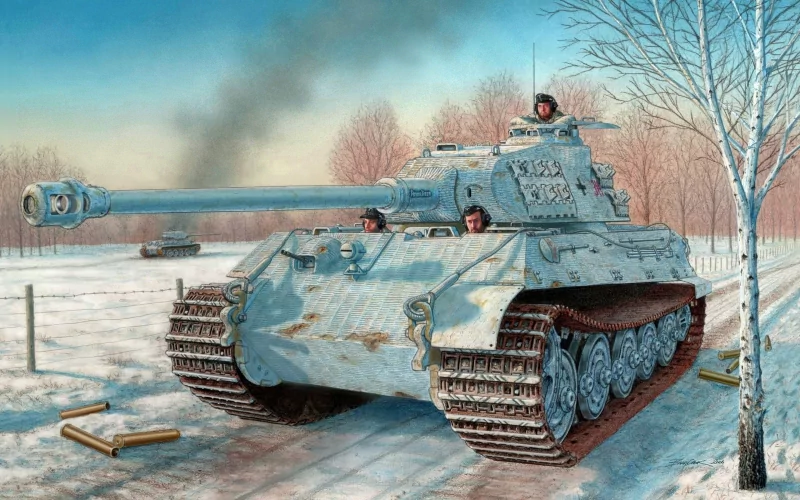 A military tank painted in winter camouflage moves across a snowy landscape with bare trees and a fence in the background.