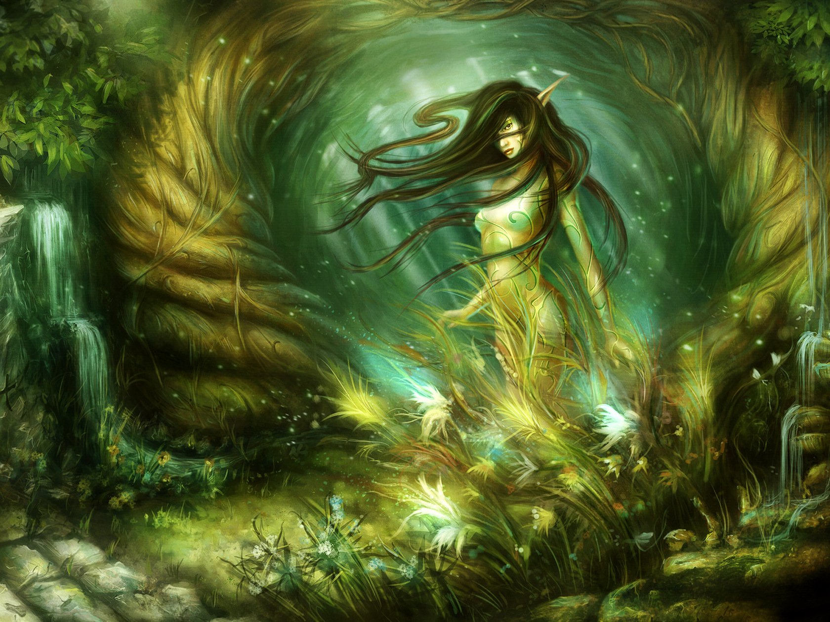 A fantasy scene depicting an elf with flowing hair standing in a glowing forest surrounded by lush greenery and mystical light.