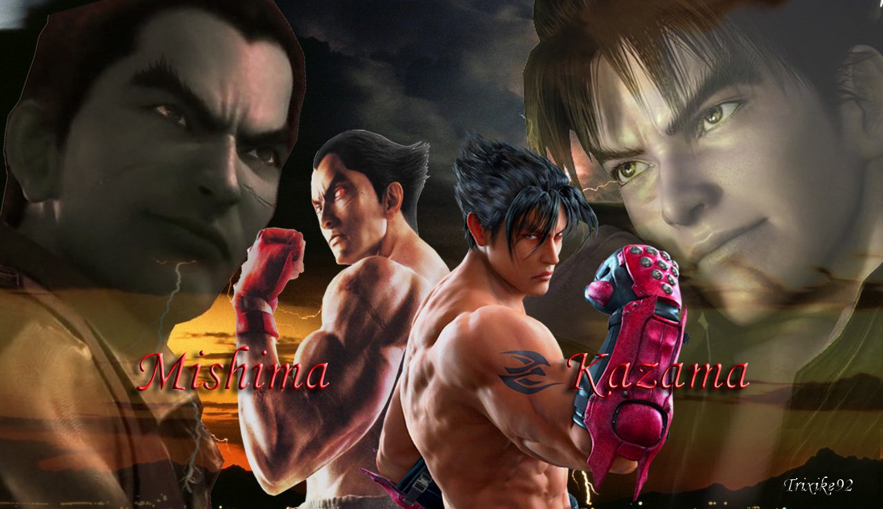 Tekken video game artwork: collage of Mishima and Kazama—bare-chested, gloved fighters posed back-to-back with intense expressions against a stormy sky.