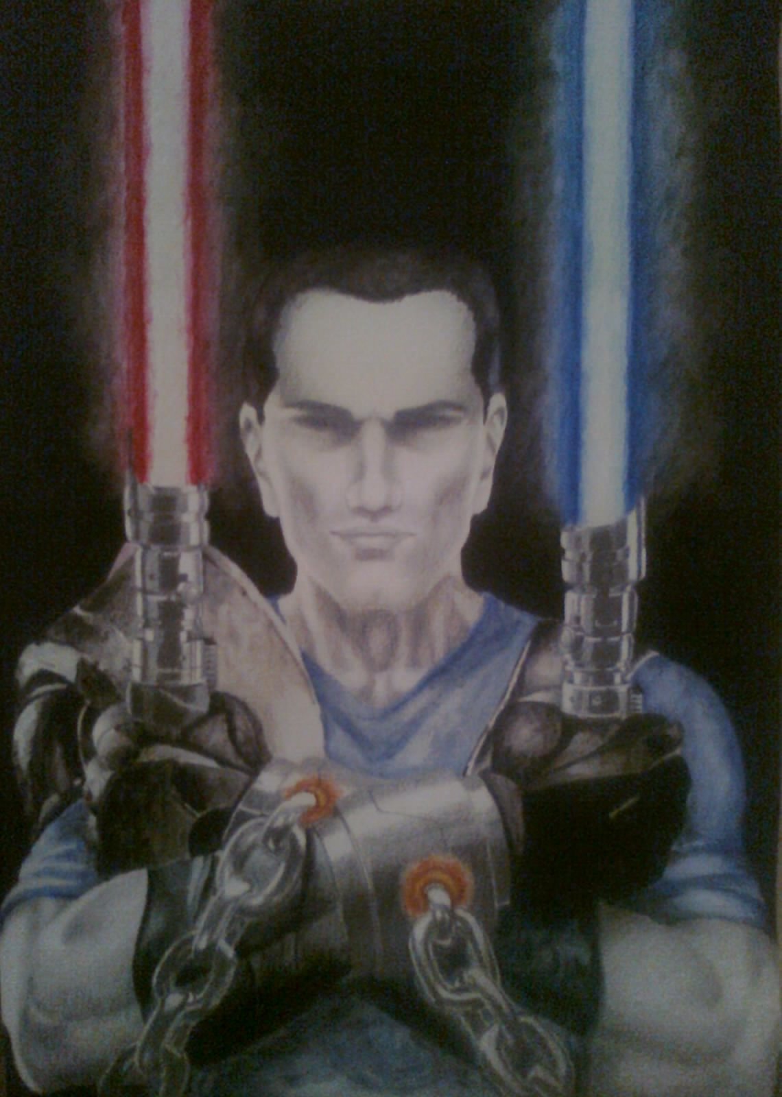 Video game fan art of Galen Marek (Starkiller) from Star Wars: The Force Unleashed and The Force Unleashed II, gripping chained red and blue lightsabers with Darth Vader influence.