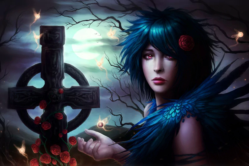 A fantasy woman with blue hair and feathers stands beside a cross adorned with roses under a full moon and eerie, twisted tree branches.