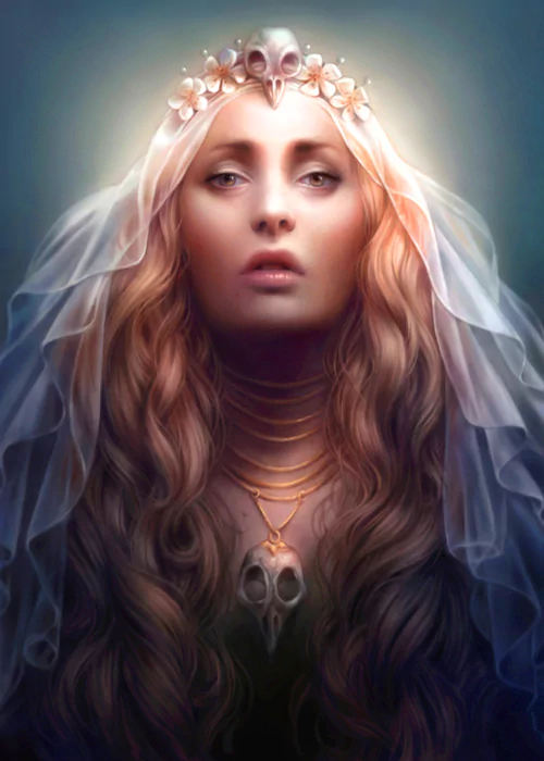 A captivating fantasy image featuring a woman with long, flowing hair, adorned with a delicate veil and a crown, exuding an ethereal and mystical presence.