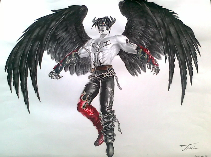 Fan art of Jin Kazama from the video game Tekken Tag Tournament 2: shirtless with black feathered wings, red-black pants, demonic markings and chains.